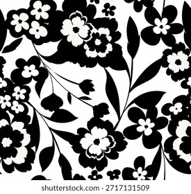 Padrão de flores preto e branco sem costura. Padrão floral abstrato.