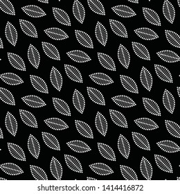 Seamless black and white foliage pattern of dotted leaves. Monochrome floral trellis of delicate petals. Vector Illustration.