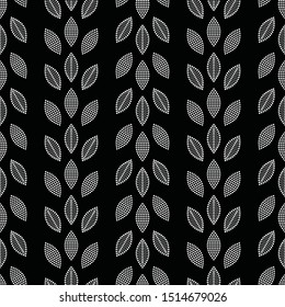Seamless black and white foliage pattern of dotted leaves. Monochrome floral trellis of delicate petals. Chevron print. Vector Illustration.