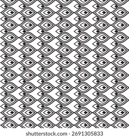 A seamless black and white geometric abstract pattern with repeating diamond and eye-shaped motifs. This minimalistic vector design is perfect for modern wallpapers, textile prints, tile designs