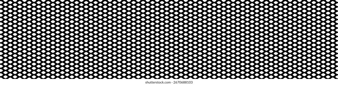 Fundo geométrico preto e branco contínuo com uma grade em forma de diamante repetida. Textura que lembra uma malha, rede, cerca ou grade industrial