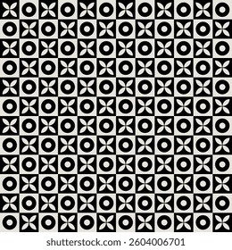 Seamless black and white geometric circles and florals pattern. Repeated and decorative design that can be used for packaging, decorating, interior design, wallpapers and more.