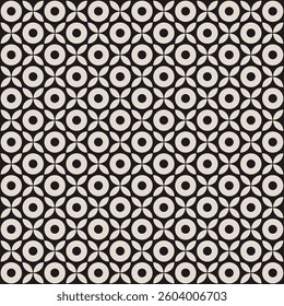 Seamless black and white geometric circles and florals pattern. Repeated and decorative design that can be used for packaging, decorating, interior design, wallpapers and more.