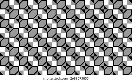 Seamless black and white geometric cube pattern with 3D optical effect