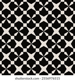 Seamless black and white geometric floral pattern in black and white inspired by the Midcentury modern design style. Graphical illustration for a unique wall decor, textiles and interior design. 