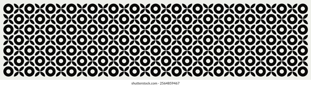 Seamless black and white geometric floral pattern. Repeated and decorative design that can be used for packaging, decorating, interior design, wallpapers, banners, and more.