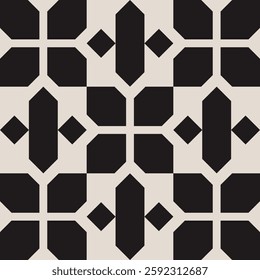 Seamless black and white geometric floral pattern. Repeated and decorative design that can be used for packaging, decorating, interior design, wallpapers, banners, and more.