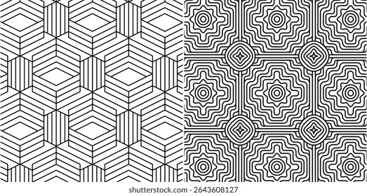 Seamless Black and White Geometric Line Pattern – Optical Abstract Background Set