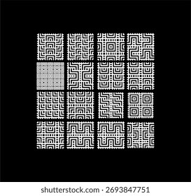 seamless black and white geometric maze pattern vector. Optical illusion design with bold lines and modern minimalist aesthetic, perfect for backgrounds, packaging, and textiles