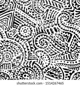 Seamless black and white geometric pattern. Hand drawn ink ornament. Vintage print for textiles. Vector illustration.