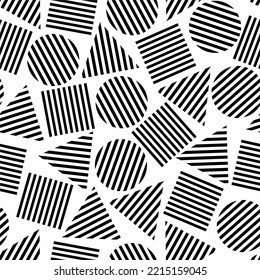 Patrón geométrico blanco y negro sin fisuras con círculo rayado, triángulo, cuadrático. Ilustración vectorial.