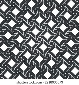 Seamless black and white geometric pattern with squares framed with wavy elements. Graphic mesh in arabesque style. Vector illustration. 