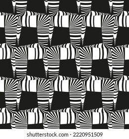Seamless black and white geometric pattern. Striped abstract square shapes with visual distortion effect. Monochrome background for textile, cover, wallpaper, gift packaging, printing