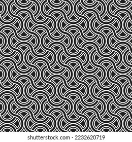 Seamless black and white geometric pattern. Intertwined curvy lines in art deco style. Wavy graphic structure. Decorative vector grid for textile, packaging, and artistic projects.