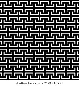 Seamless black and white geometric pattern with interlocking opposing shapes. Suitable for various creative projects.