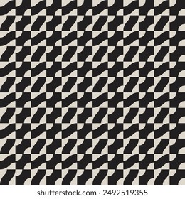 Seamless black and white geometric pattern. Repeating bold curvy lines with squares. Abstract vector background.