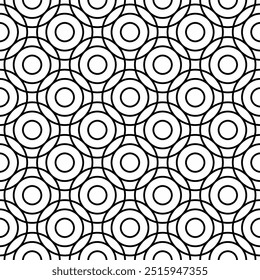 Seamless black and white geometric pattern consisting of overlapping circles. Suitable for various creative projects or decorative elements.