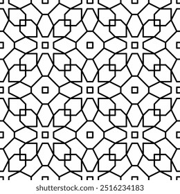 Padrão geométrico preto e branco contínuo, consistindo em linhas regulares interligadas. Adequado para vários projetos criativos ou elementos decorativos.