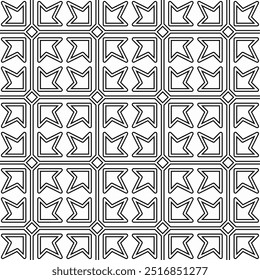 Patrón geométrico blanco y negro sin fisuras que consta de Elementos cuadrados y en forma de flecha dispuestos simétricamente. Adecuado para varios proyectos creativos o Elementos decorativos.
