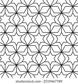 Seamless black and white geometric pattern consisting of connected lines forming stars and other geometric elements. Suitable for various creative projects or decorative elements.