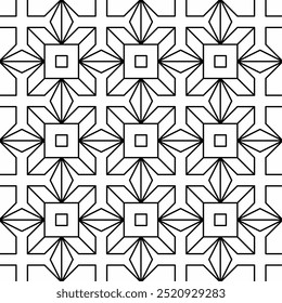 Padrão geométrico preto e branco contínuo, consistindo em formas quadradas e poligonais com uma combinação de linhas retas. Adequado para fundos, têxteis ou elementos de design gráfico.