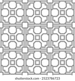 Patrón geométrico blanco y negro sin fisuras, que consta de Formas octogonales y cuadradas con líneas rectas conectadas. Adecuado para varios proyectos creativos o Elementos decorativos.