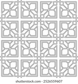 Padrão geométrico preto e branco contínuo, consistindo em formas quadriculadas e linhas de interseção. Adequado para fundos, têxteis e projetos de design gráfico.