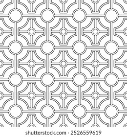 Seamless black and white geometric pattern, consisting of interconnected circular shapes and straight lines, with a regular and symmetrical structure. Suitable for various creative projects.