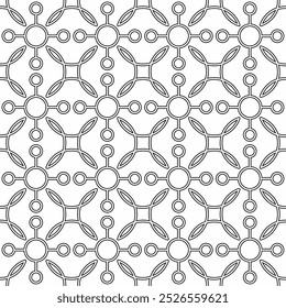 Seamless black and white geometric pattern consisting of abstract circles and lines. Great for backdrops, fabric designs and modern decorating projects.