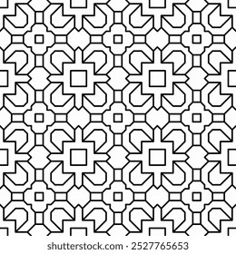 Seamless black and white geometric pattern consisting of interlocking square shapes and other abstract elements. Suitable for backgrounds, wallpapers, textiles and various graphic design projects.