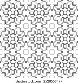 Seamless black and white geometric pattern consisting of interlocking square shapes and other abstract elements. Suitable for backgrounds, wallpapers, textiles and various graphic design projects.