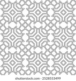 Seamless black and white geometric pattern consisting of interlocking shapes, creating a symmetrical and orderly design. Suitable for backgrounds, decorative elements and graphic design projects.