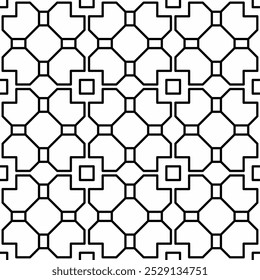 Seamless black and white geometric pattern consisting of square shapes with connected lines. Suitable for backgrounds, textiles and various graphic design projects.