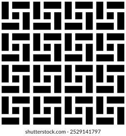 Seamless black and white geometric pattern consisting of interlocking rectangular shapes forming a maze in a grid layout. Suitable for backgrounds, wallpapers and various graphic design projects.