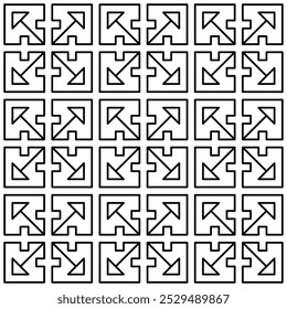 Seamless black and white geometric pattern consisting of abstract shapes with lines forming like arrows in a grid layout. Suitable for backgrounds, textiles, wallpaper and graphic design projects.