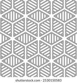 Patrón geométrico blanco y negro sin fisuras que consiste en Formas hexagonales a rayas. Adecuado para fondos, Fondos de pantalla, textiles y varios proyectos de Diseño gráfico.