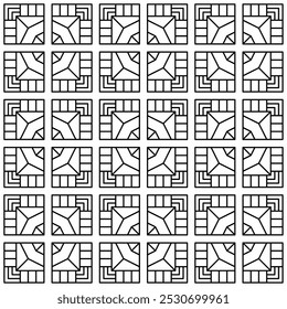 Seamless black and white geometric pattern consisting of connected lines, creating a complex abstract design in a grid layout. Suitable for backgrounds, wallpapers and various graphic design projects.