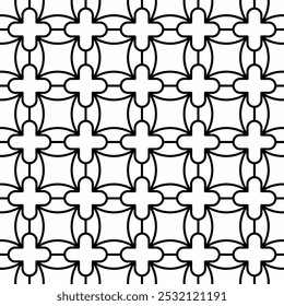 Seamless black and white geometric pattern, featuring a floral motif with curved lines connecting each shape. Suitable for backgrounds, textiles and various graphic design projects.