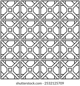 Patrón geométrico blanco y negro sin fisuras que consiste en Formas cuadradas abstractas simétricas en un diseño de cuadrícula. Adecuado para telones de fondo, textiles y varios proyectos de Diseño gráfico.