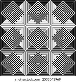  Padrão geométrico preto e branco contínuo, consistindo de formas quadradas em camadas em um layout de ladrilho, criando um design de ilusão ótica simétrica. Adequado para fundos, têxteis ou arte digital.