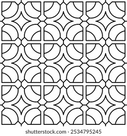 Seamless black and white geometric pattern consisting of semicircle and quarter shapes forming a square structure. Suitable for backgrounds, textiles and various graphic design projects.