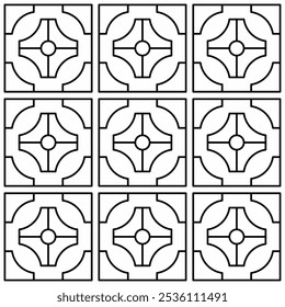 Nahtloses schwarz-weißes geometrisches Muster, bestehend aus geraden und gekrümmten Linien mit einfachen geometrischen Elementen. Geeignet für Hintergründe, Tapeten, Textilien und verschiedene künstlerische Projekte.