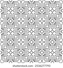 Patrón geométrico blanco y negro sin fisuras que consiste en Elementos geométricos como cuadrados y circunferencias con líneas rectas entrelazadas. Conveniente para el fondo, el Fondo de pantalla o el Diseño gráfico.