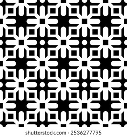 Seamless black and white geometric pattern consisting of abstract symmetric shapes. Suitable for wallpapers, textiles or digital backgrounds.