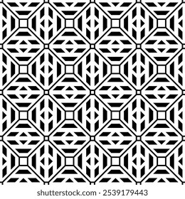 Padrão geométrico preto e branco contínuo, apresentando um design simétrico com uma combinação de linhas retas cruzadas e formas quadradas. Adequado para fundos, papéis de parede, têxteis, tecidos, etc.