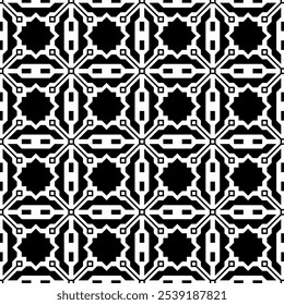 Seamless black and white geometric pattern, featuring a symmetrical design with a combination of crossed straight lines and checkered shapes. Suitable for backgrounds, wallpapers, textiles, etc.