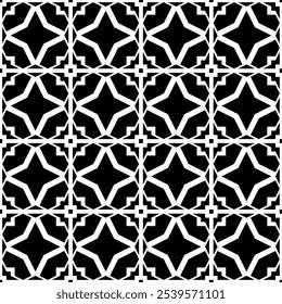 Seamless black and white geometric pattern featuring a star shape symmetrical design. Suitable for backgrounds, wallpapers, textiles, fabrics, etc.