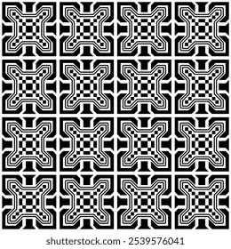 Seamless black and white geometric pattern, featuring a symmetrical design consisting of checkered shapes with a combination of lines. Suitable for backgrounds, wallpapers, textiles, fabrics, etc.
