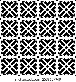 Seamless black and white geometric pattern, featuring symmetrical and abstract designs. Suitable for backgrounds, wallpapers, textiles, fabrics, etc.