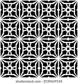 Seamless black and white geometric pattern, featuring symmetrical and abstract designs. Suitable for backgrounds, wallpapers, textiles, fabrics, etc.